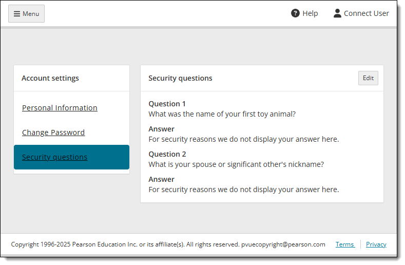 User account security questions page.